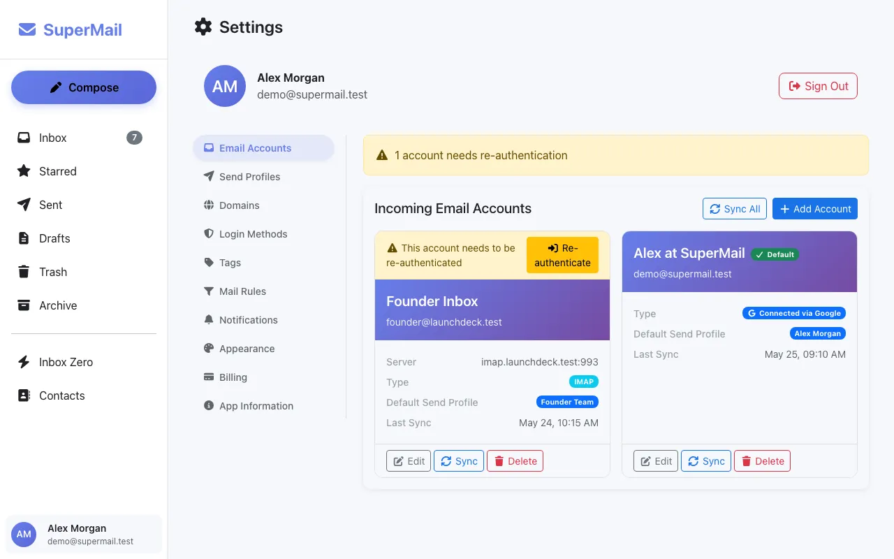 SuperMail account management with connected mailboxes