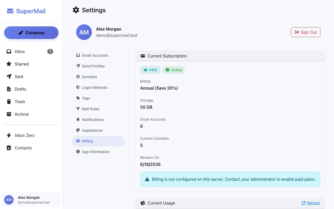 Billing and storage usage screen for a SuperMail account
