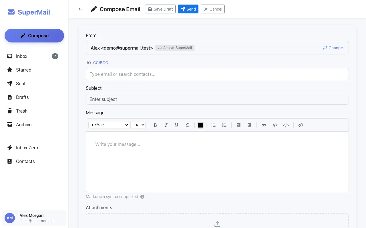 SuperMail compose screen with sender profile controls