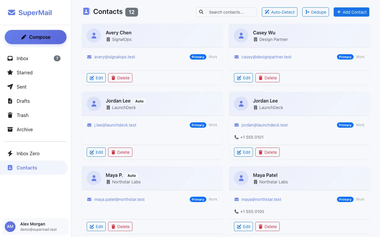 SuperMail contacts list populated from email history