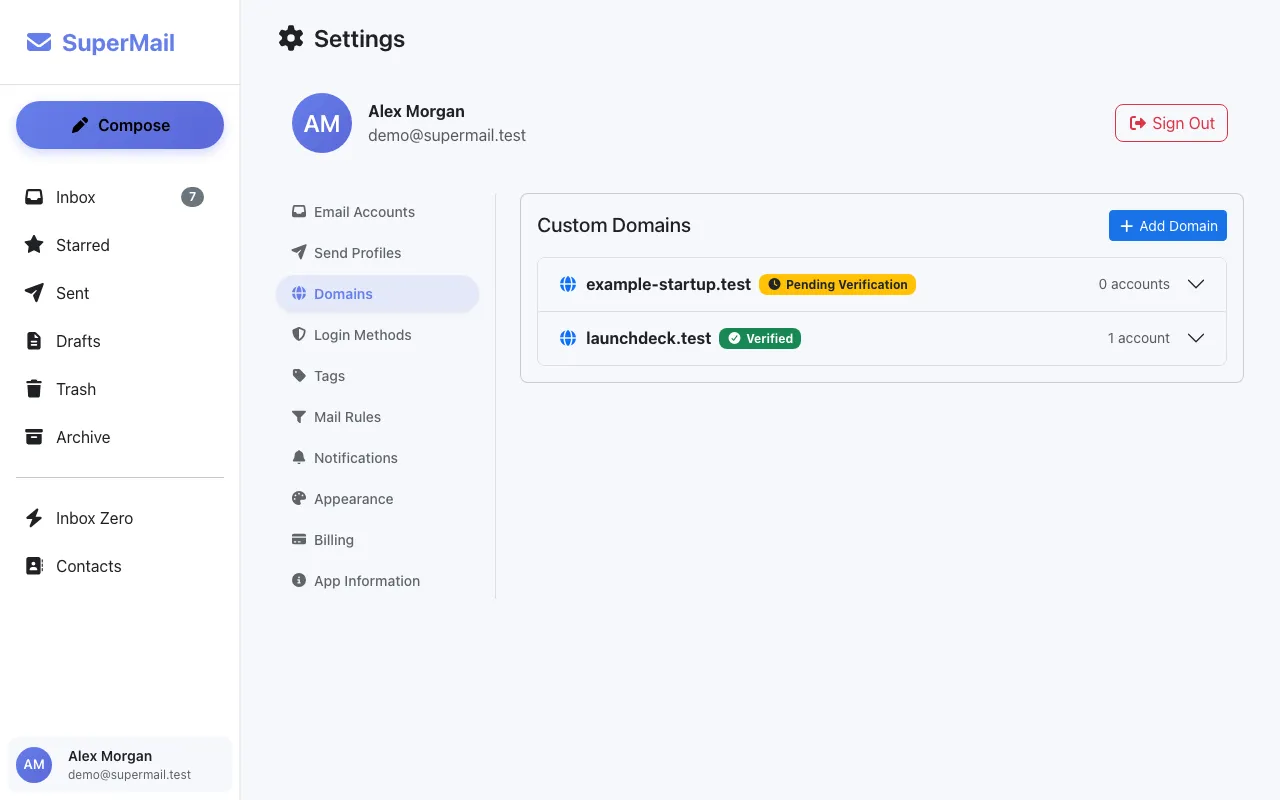 Custom domain settings with verified and pending domains
