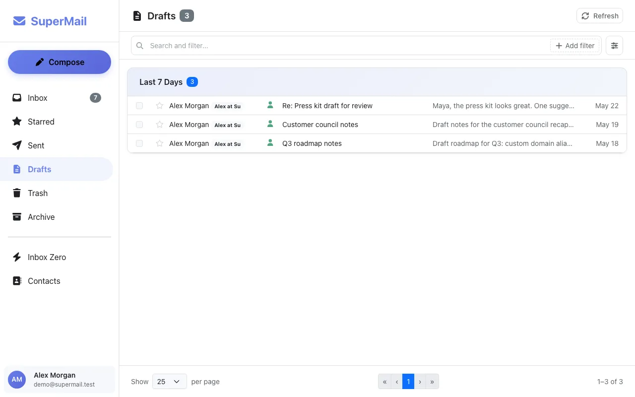 SuperMail drafts folder showing in-progress messages