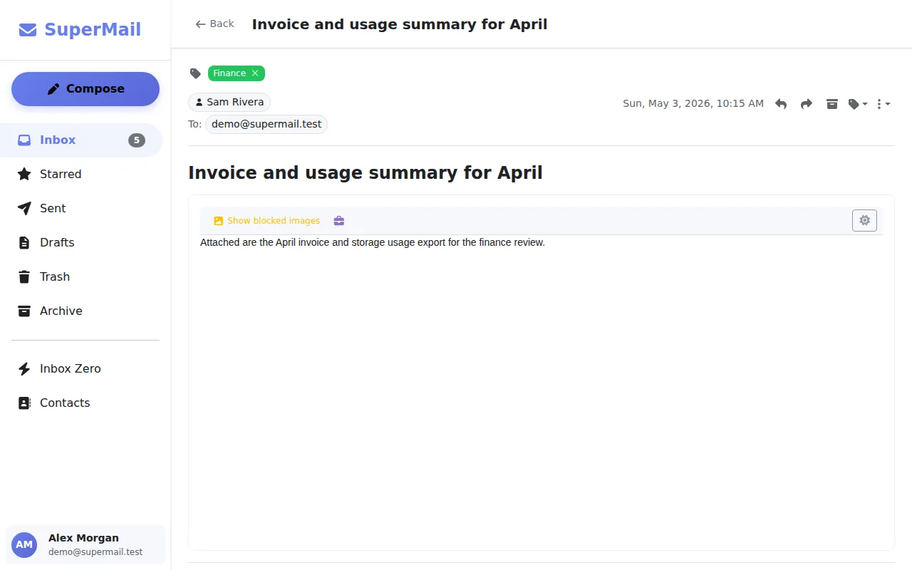 Email detail view with attachments and message metadata