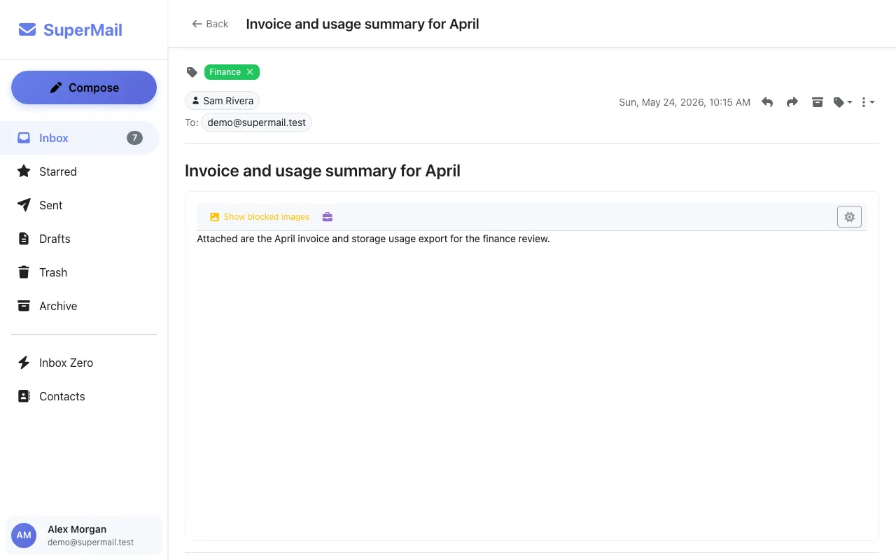 Email detail view with attachments and message metadata