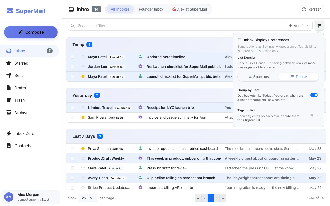SuperMail inbox showing prioritized messages, tags, and account filters