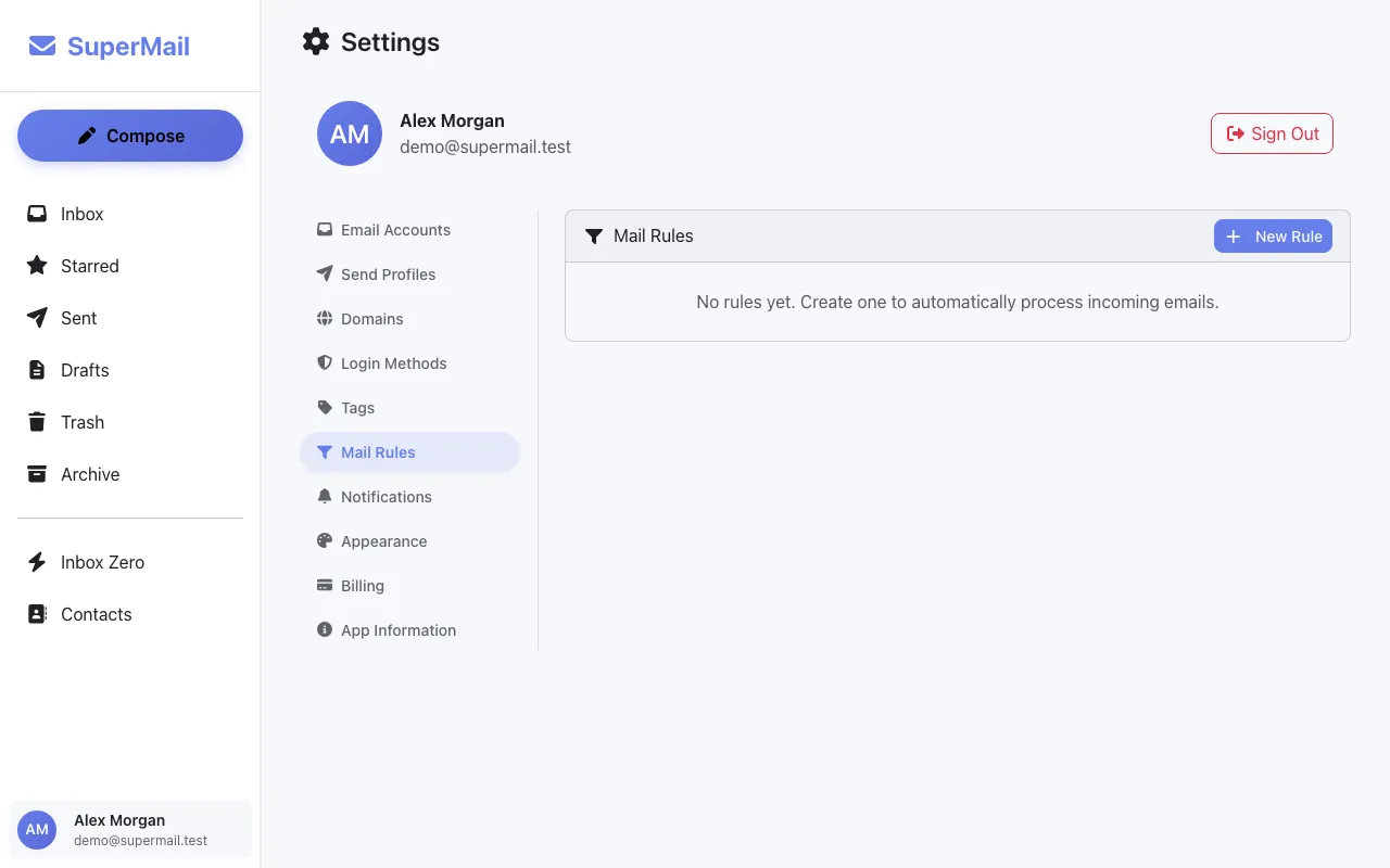 Mail rules builder with filtering and automated actions