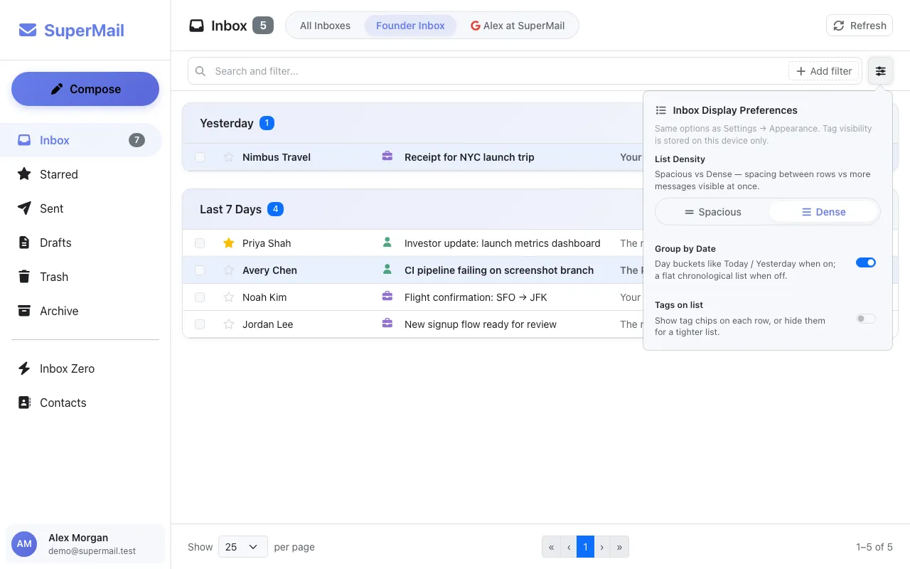SuperMail inbox filtered to a specific email account
