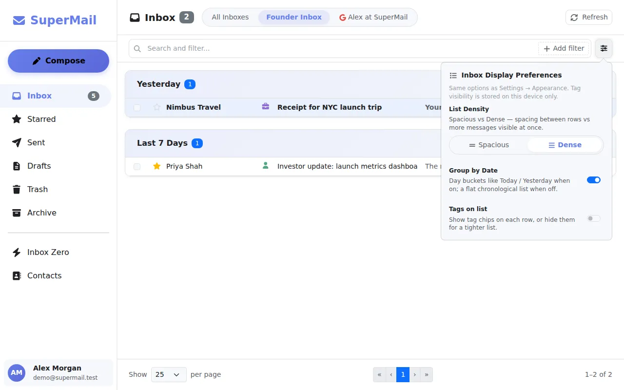SuperMail inbox filtered to a specific email account