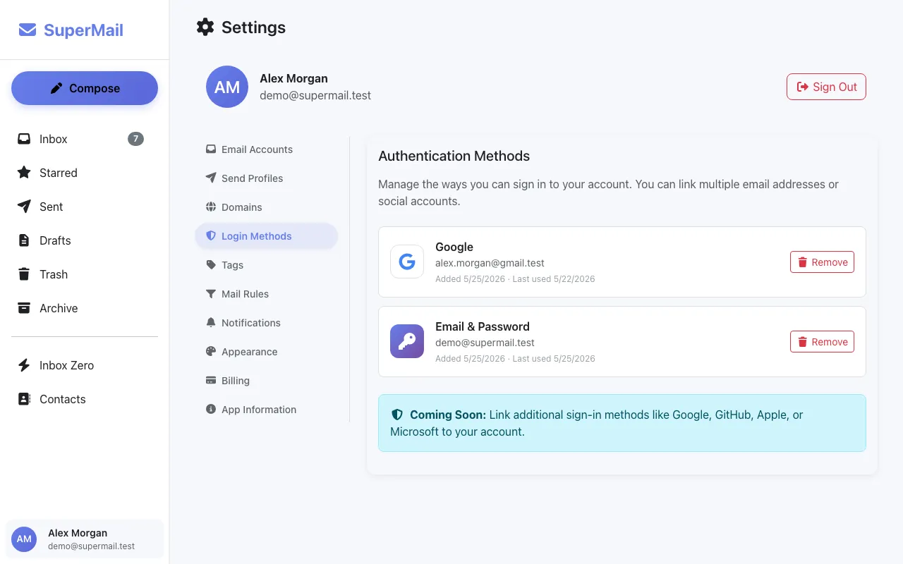 SuperMail authentication settings screen