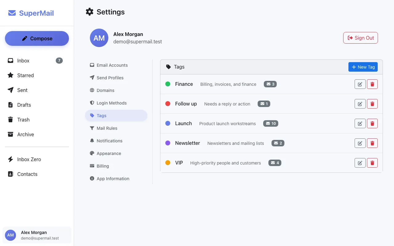 SuperMail tag management with colored labels